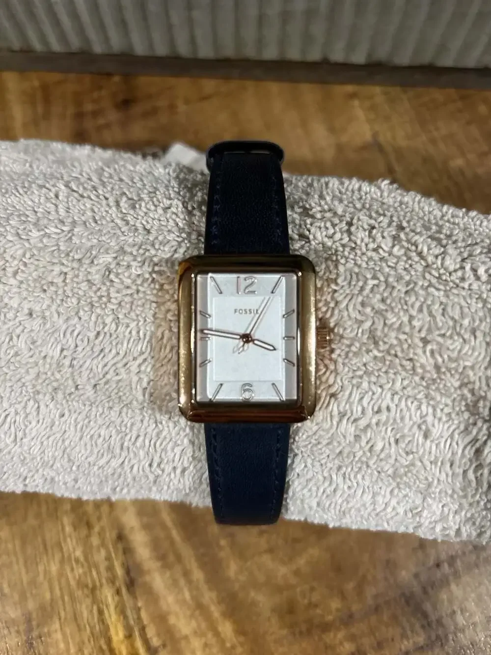 Fossil Raquel Rectangular Rose Gold-Tone Watch with Navy Leather Strap ES4158
